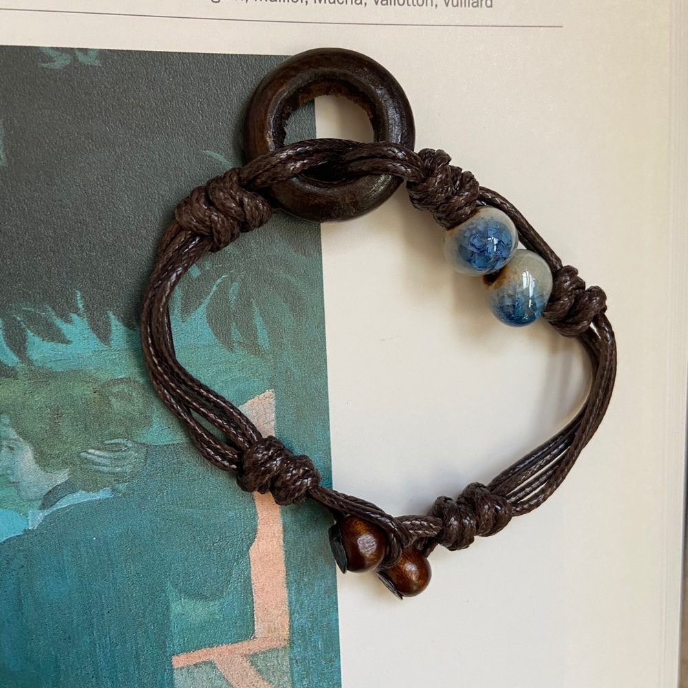 Ceramic Bead Charm Wood Bracelet BOHO Bolo - Picture 8 of 9